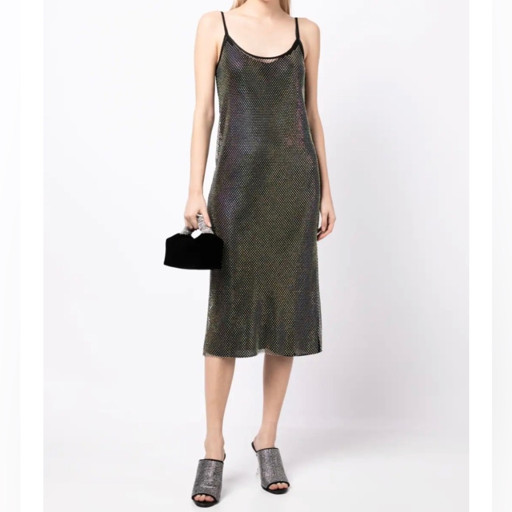 Stine Goya Oakley Crystal Midi Dress Black M/L Rhinestone Mesh Slip